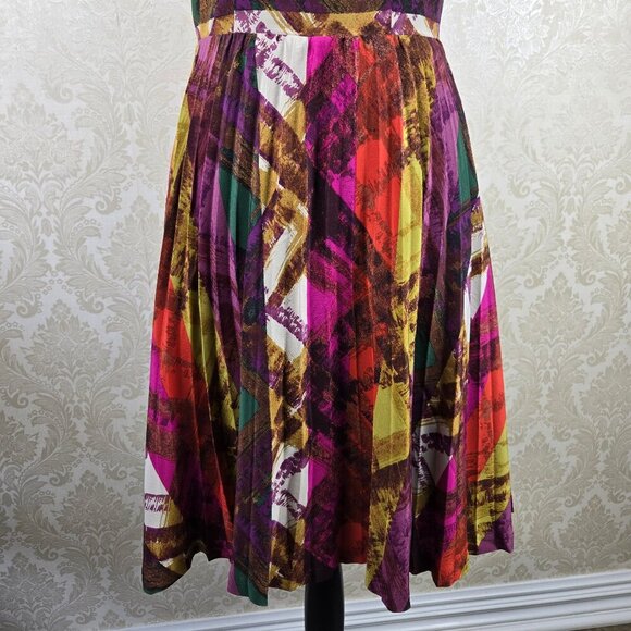 Trina Turk Sz 0 100% Silk Sleeveless Fit & Flare Dress Pleated Skirt Multicolor - Picture 3 of 14